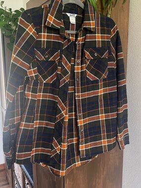 Duluth Trading Co Olive, Navy & Orange Plaid Flannel Shirt